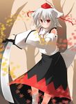  animal_ears detached_sleeves hat inubashiri_momiji leaf nekomushi red_eyes short_hair silver_hair solo sword tail tokin_hat touhou weapon wolf_ears wolf_tail 