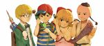  3boys artist_request backpack bag black_hair blonde_hair braid corded_phone doseisan green_eyes hat jeff_andonuts mother_(game) mother_2 multiple_boys ness paula_(mother_2) phone poo_(mother_2) ribbon smile yellow_eyes 