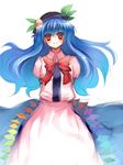  arms_behind_back blue_hair bow hat hinanawi_tenshi long_hair red_eyes rie_(reverie) smile solo touhou 