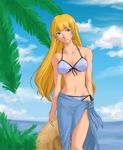  bikini blonde_hair blue_eyes blue_sarong day earrings hat jewelry k-ma lowres ocean palm_tree ratchet_altair sakura_taisen sakura_taisen_v sarong side-tie_bikini smile straw_hat swimsuit tree 