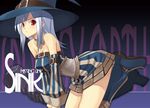  bare_shoulders belt bent_over blush detached_sleeves fantasy_earth_zero hat leaning_forward long_hair red_eyes shingo_(missing_link) solo striped witch witch_hat 