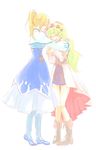  bad_id bad_pixiv_id blonde_hair blue_dress boots closed_eyes dress fenimore_xelhes hug knee_boots long_hair miniskirt multiple_girls ponytail shirley_fennes skirt tales_of_(series) tales_of_legendia tears twintails yamato_pochi 