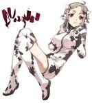  animal_ears animal_print breasts bunbun collar copyright_request cow_print grey_hair hair_ornament horns large_breasts red_eyes solo thighhighs 