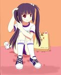  :3 black_hair blush bunya buruma child gym_uniform highres kooh long_hair pangya papel red_eyes smile solo twintails 