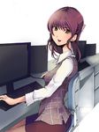  brown_eyes brown_hair computer highres office_lady original pencil_skirt riochan sitting skirt solo 