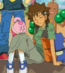  1girl arm_support bad_id bad_pixiv_id brown_hair bush closed_eyes croagunk dark_skin gen_2_pokemon gen_4_pokemon genderswap hair_ornament hairclip happiny jamira_(majyo810) pokemon pokemon_(creature) satoshi_(pokemon) shoes sitting smile sneakers spiked_hair sudowoodo takeshi_(pokemon) 