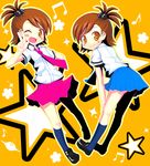  brown_eyes brown_hair flipped_hair futami_ami futami_mami idolmaster idolmaster_(classic) kneehighs multiple_girls musical_note necktie npon515 one_eye_closed school_uniform short_hair siblings side_ponytail skirt socks standing star twins 