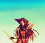  armpits bad_id bad_pixiv_id brown_hair guilty_gear hat long_hair may_(guilty_gear) older orange_shirt shirt sil9 solo sword weapon 