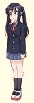  black_hair black_legwear blush brown_eyes hasil highres k-on! kneehighs long_hair nakano_azusa school_uniform shoes skirt socks solo tiptoes twintails uwabaki 