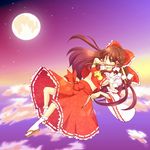  breasts covering_mouth detached_sleeves flying full_moon gohei hakurei_reimu hand_over_own_mouth medium_breasts midriff moon sandals sen1986 sideboob sky solo touhou 