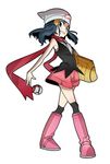  beanie blue_hair boots full_body grin hat hikari_(pokemon) holding holding_poke_ball pink_footwear poke_ball pokemon pokemon_(game) pokemon_dppt red_scarf scarf simple_background skirt smile solo standing timer_ball white_background yubidoriru 