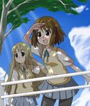  bad_id bad_pixiv_id blonde_hair blue_eyes brown_eyes brown_hair cloud day hirasawa_yui k-on! ki_(adotadot) kotobuki_tsumugi multiple_girls pantyhose school_uniform tree 