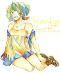  :d ahoge backpack bad_id bad_pixiv_id bag blue_eyes boots breasts brown_footwear character_name collarbone copyright_name dress full_body green_hair hachi_888 hair_ribbon jewelry macross macross_frontier open_mouth pendant ranka_lee red_ribbon ribbon short_dress short_hair simple_background sitting sleeveless sleeveless_dress small_breasts smile solo strap_slip teeth white_background 