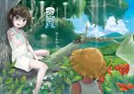  1girl bad_id bad_pixiv_id blue_eyes brown_hair bug butterfly_net flower hand_net hands hat highres insect nature original outstretched_arm outstretched_hand sandals sasaki_toshiyuki sitting straw_hat tree 