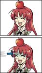  :d ^_^ apple braid closed_eyes comic eeyasu food fruit gloom_(expression) hong_meiling knife knifed long_hair open_mouth red_hair ribbon silent_comic smile touhou twin_braids 