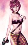  breasts collar gun handgun itori_(clarice_note) jojo_no_kimyou_na_bouken lips math medium_breasts midriff navel pink_hair pistol red_eyes short_hair solo trish_una vento_aureo weapon 