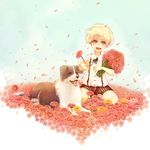  bad_id bad_pixiv_id blonde_hair child dog flower male_focus manbou_no_suiso original petals shorts solo younger 