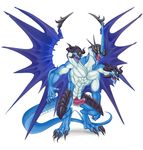  blizzard_king blue_scales claws digitigrade dragon drake erection etrian_odyssey horn hydra male multi_head multiple_eyes muscles pecs penis plain_background precum scalie sirboburto solo standing video_games white_background wings yellow_eyes 