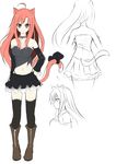  absurdres animal_ears black_legwear breasts cat_ears cat_tail catstudioinc_(punepuni) from_behind hand_on_hip highres long_hair medium_breasts multiple_views navel original partially_colored profile puni_(miku_plus) red_eyes red_hair simple_background sketch skirt tail thighhighs turnaround very_long_hair white_background 