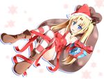  absurdres bare_shoulders blonde_hair blue_eyes blush catstudioinc_(punepuni) gift gloves hat highres long_hair looking_at_viewer open_mouth original red_gloves ribbon santa_hat simple_background snowflakes solo striped striped_legwear thighhighs twintails white_background 