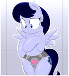  blue_eyes blue_hair blush cutie_mark embarrassed equine female feral friendship_is_magic frown fur hair horse mammal my_little_pony original original_character panties pegasus pony portal portal_(series) silver_fur solo standing underwear valve weighted_companion_cube wings 