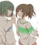  1girl blush brown_eyes brown_hair casual haku_(sen_to_chihiro_no_kamikakushi) high_five hiro_(hirohiro31) ogino_chihiro open_mouth ponytail sen_to_chihiro_no_kamikakushi simple_background smile studio_ghibli white_background 