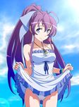  antenna_hair bare_shoulders blue_eyes bracelet cloud day dress dress_lift itou_nobuhiro jewelry long_hair looking_at_viewer panties pendant ponytail purple_hair ryuugajou_nanana ryuugajou_nanana_no_maizoukin sky smile solo underwear very_long_hair white_panties 