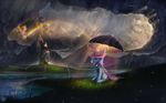 absurd_res blue_fur cape cloud cutie_mark double_rainbow equine female feral friendship_is_magic fur grass hat hi_res horse looking_at_viewer mammal my_little_pony outside pony purple_eyes rain-gear rainbow raining scenery solo trixie_(mlp) umbrella water windmill 
