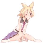  bad_id bad_pixiv_id blonde_hair blush brown_eyes one_eye_closed pointy_hair rima_(rimarip) sitting sleeveless solo thighs touhou toyosatomimi_no_miko wariza 