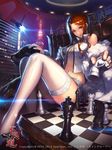  aircraft bad_id bad_pixiv_id board_game breasts brown_hair chess chess_piece chessboard city cleavage dog furyou_michi_~gang_road~ helicopter high_heels highres lace lace-trimmed_thighhighs large_breasts legs lips long_hair long_legs looking_at_viewer na_in-sung navel_piercing night piercing ponytail see-through shiouten_kaname sitting sky solo thighhighs thighs tokyo_tower white_legwear 