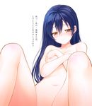  3: blue_hair breasts brown_eyes covering covering_breasts embarrassed kisaragi_mizu long_hair love_live! love_live!_school_idol_project navel nipples nude out-of-frame_censoring small_breasts solo sonoda_umi translation_request 