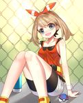  :d arm_support bike_shorts blue_eyes blush bracelet brown_hair chain-link_fence fanny_pack fence great_ball hair_ribbon haruka_(pokemon) jewelry looking_at_viewer open_mouth poke_ball pokemon pokemon_(game) pokemon_oras ribbon ririko_(zhuoyandesailaer) shirt short_shorts shorts sidelocks sitting sleeveless sleeveless_shirt smile solo sweat v-shaped_eyebrows 