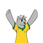  blue_hair brazil clothing equine grey_horn grey_skin hair horse mammal my_little_pony open_mouth original_character plain_background pony raised_arm shirt soccer solo white_background white_hair world_cup yellow_eyes 