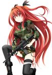  assault_rifle black_legwear blush breasts camouflage catstudioinc_(punepuni) cutoffs gun large_breasts long_hair m4_carbine one_knee original red_eyes red_hair rifle solo taut_clothes thighhighs transparent_background trigger_discipline very_long_hair weapon 