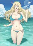  absurdres ao_madoushi atago_(kantai_collection) bikini blonde_hair blue_bikini breasts cleavage cloud day hat heart highres huge_breasts kantai_collection lens_flare long_hair navel open_mouth side-tie_bikini skindentation sky smile solo swimsuit underboob wading water 
