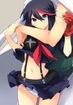  anko_(kirikiri) black_hair blue_eyes blush breasts fingerless_gloves frown gloves hug kill_la_kill matoi_ryuuko medium_breasts midriff multicolored_hair navel panties pantyshot pantyshot_(standing) red_hair sanageyama_uzu school_uniform senketsu short_hair single_glove skirt solo_focus standing striped striped_panties suspenders two-tone_hair underwear 