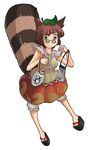  animal_ears bloomers bobabo brown_hair commentary_request futatsuiwa_mamizou glasses gourd green_eyes leaf leaf_on_head notepad pince-nez raccoon_ears raccoon_tail sandals smile solo tail touhou underwear 