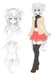  absurdres animal_ears black_legwear blue_eyes cat_ears cat_tail catstudioinc_(punepuni) from_behind grey_hair highres looking_at_viewer multiple_views navel original partially_colored short_hair simple_background skirt tail thighhighs white_background 