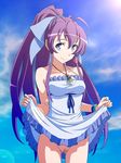  antenna_hair bare_shoulders blue_eyes bracelet censored cloud day dress dress_lift itou_nobuhiro jewelry long_hair looking_at_viewer mosaic_censoring no_panties pendant ponytail purple_hair ryuugajou_nanana ryuugajou_nanana_no_maizoukin sky smile solo very_long_hair 