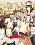  animal animal_ears animal_on_head bad_id bad_pixiv_id black_hair blue_eyes brown_hair cat cat_ears cat_on_head cat_tail commentary green_eyes highres kimura_(ykimu) long_hair multiple_girls off_shoulder on_head original slit_pupils tail too_many too_many_cats 