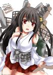  arm_support bare_shoulders black_hair breasts dated detached_sleeves fusou_(kantai_collection) hair_ornament hand_on_own_chest japanese_clothes kantai_collection large_breasts long_hair machinery momozakura_nanao nontraditional_miko open_mouth pleated_skirt red_eyes red_skirt sitting skirt solo twitter_username wariza 
