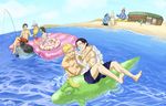  1girl alternate_costume bartholomew_kuma beach black_hair blonde_hair blue_skin boa_hancock donquixote_doflamingo dracule_mihawk floating gecko_moria innertube jimbei ocean one_piece salome_(one_piece) sand_castle sand_sculpture shichibukai sir_crocodile snake sunglasses swimsuit 