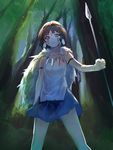  bad_id bad_twitter_id bare_arms brown_eyes brown_hair earrings erubo facial_mark forest fur jewelry mononoke_hime nature necklace polearm san short_hair skirt solo spear studio_ghibli weapon 
