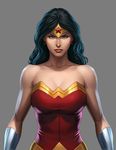  1girl amazon black_hair blue_eyes dc_comics earrings female grey_background jewelry justice_league muscle simple_background solo star strapless tiara vambraces wonder_woman wonder_woman_(series) 