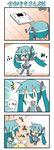  &gt;_&lt; 0_0 3girls 4koma :d black_legwear blonde_hair blush chibi chibi_miku closed_eyes comic commentary crying crying_with_eyes_open green_hair hair_ornament hairband hatsune_miku headphones kagamine_rin long_hair minami_(colorful_palette) multiple_girls necktie open_mouth outstretched_arms pleated_skirt short_hair silent_comic skirt smile spread_arms sweat sweatdrop tears thighhighs translated trembling twintails vocaloid weighing_scale xd zettai_ryouiki |_| 