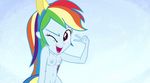  breasts equestria_girls eyelashes female hair human humanized looking_at_viewer mammal multi-colored_hair my_little_pony navel nude one_eye_closed open_mouth pussy rainbow_dash_(eg) rainbow_hair red_eyes small_breasts smile solo v_sign wink 