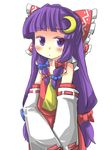  :o ascot blush bow cosplay detached_sleeves gaoo_(frpjx283) hair_bow hair_tubes hakurei_reimu hakurei_reimu_(cosplay) highres large_bow long_hair long_sleeves open_mouth patchouli_knowledge purple_eyes purple_hair skirt skirt_set solo touhou vest wide_sleeves 