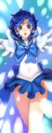  :o back_bow bishoujo_senshi_sailor_moon blue blue_background blue_choker blue_eyes blue_hair blue_sailor_collar blue_skirt bow brooch choker earrings jewelry magical_girl mizuno_ami outstretched_hand pleated_skirt ribbon sailor_collar sailor_mercury sailor_senshi_uniform short_hair skirt solo star star_choker super_sailor_mercury tiara yukiusagi1983 