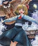  ascot bird blonde_hair blush_stickers brown_eyes cloud cloudy_sky fangs full_moon hair_ribbon harikona long_sleeves looking_at_viewer moon night oil_painting_(medium) open_mouth outdoors outstretched_arms owl ribbon rumia short_hair skirt skirt_set sky solo spread_arms touhou traditional_media tree 