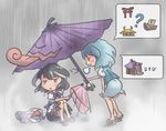  black_hair blue_hair bow broken broken_umbrella dress geta holding holding_umbrella horns karakasa_obake keikou_ryuudou kijin_seija multicolored_hair multiple_girls palanquin_ship poverty rain red_eyes red_hair sandals shared_umbrella short_hair streaked_hair tatara_kogasa temple tongue torii touhou umbrella white_hair 